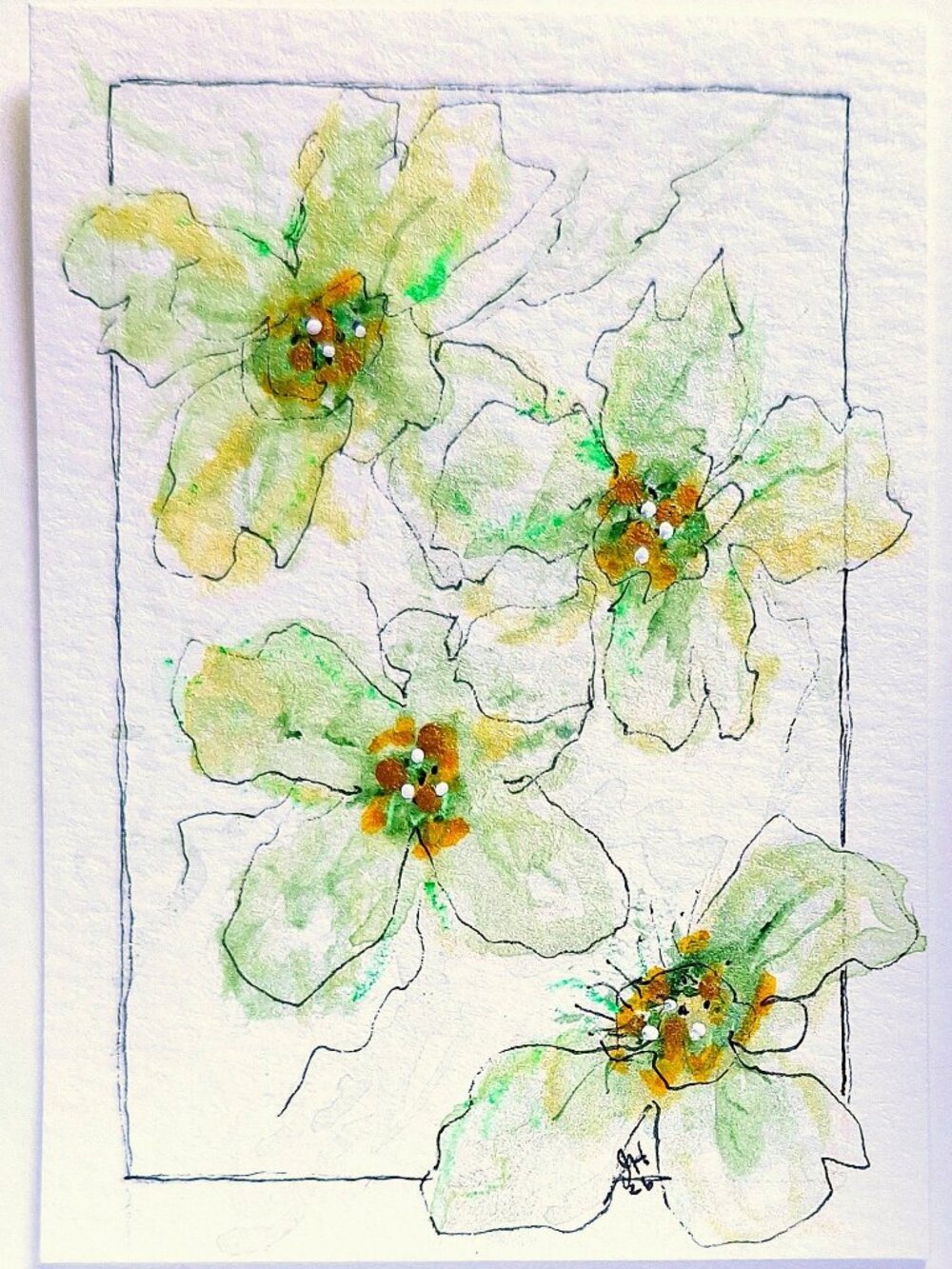 ACEO Watercolor Floral Yellow & Green with Gold & Iridescent Accents Ships Free